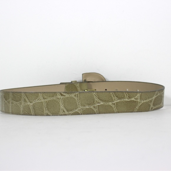 80’s Grey Green Croc Embossed Patent Leather Wide Belt with Self Buckle Vintage - Picture 4 of 7